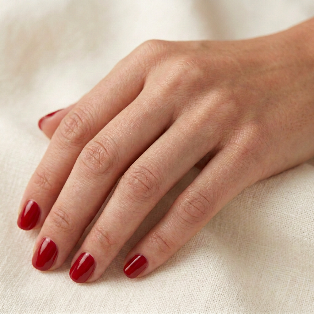 A bare hand resting on cream linen, no rings