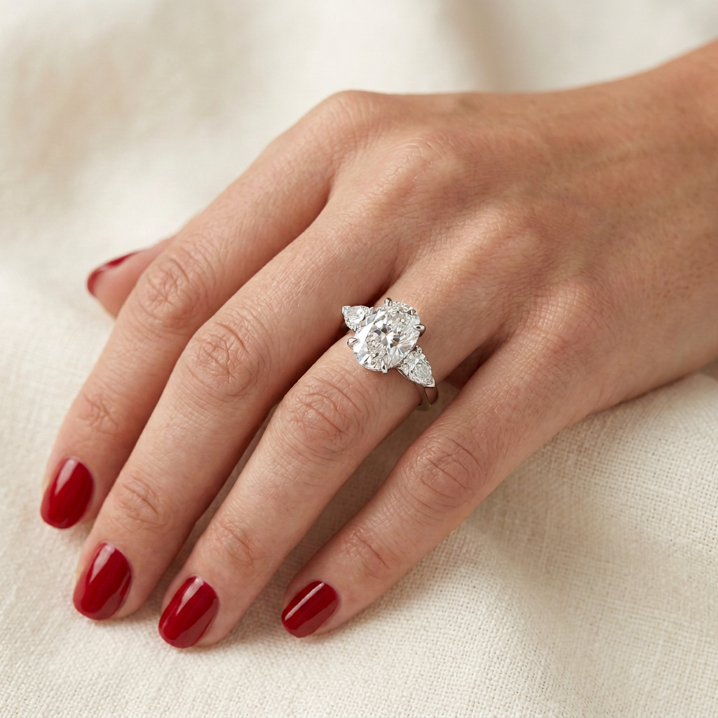 The same hand wearing a 3-carat oval three-stone engagement ring with pear side stones on a platinum band