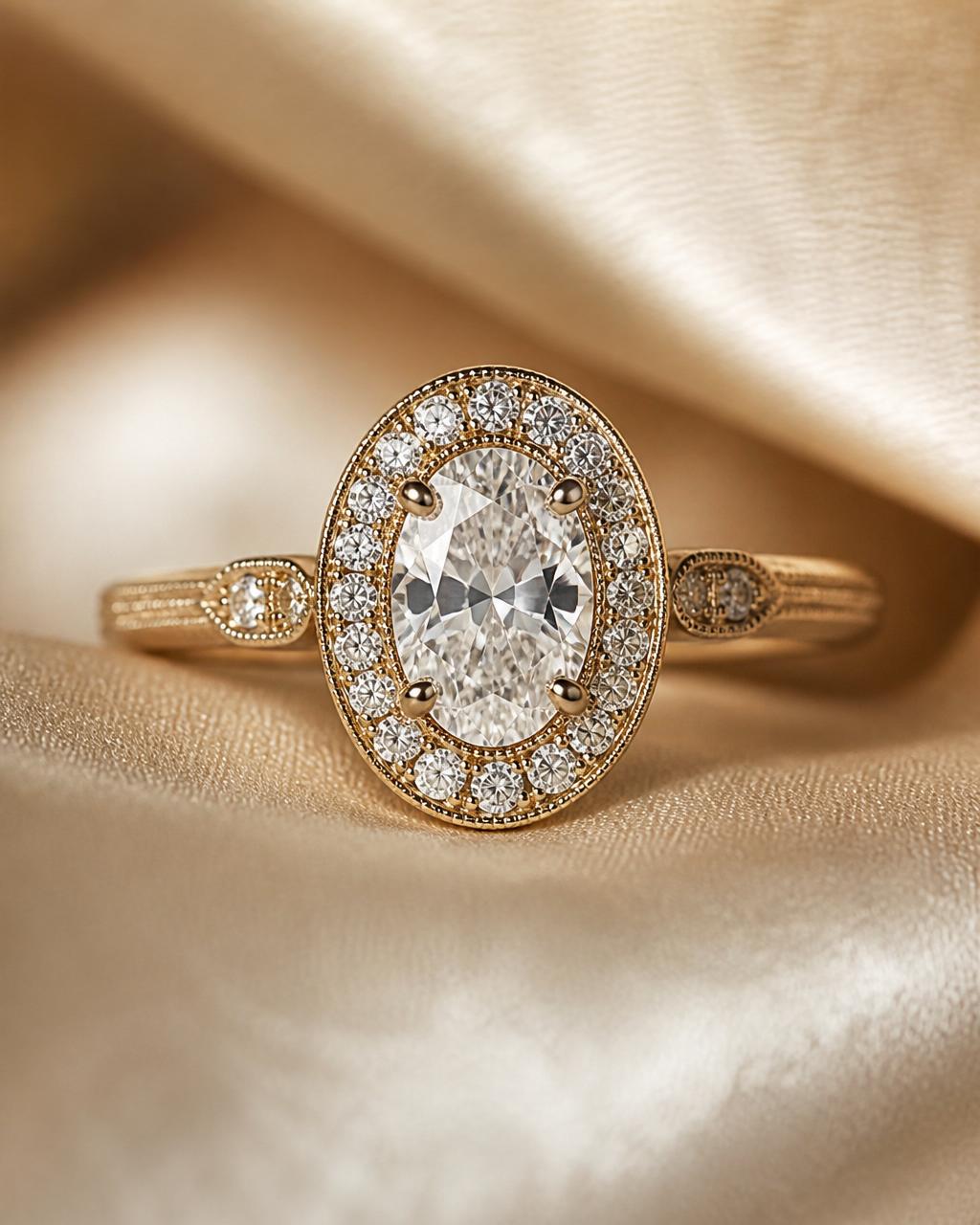 Oval center with a milgrain halo.